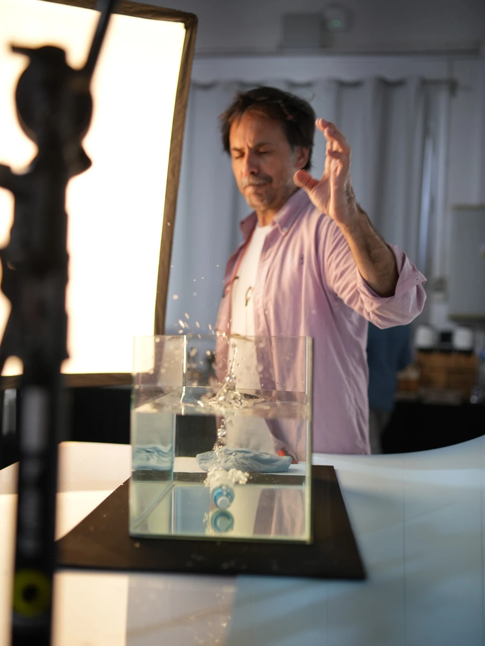 Splash in a glass water tank made by hand for a Tasty Studio tabletop shot